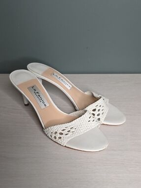 White Braided Leather Slide Heels La Fenice Venezia Size 8.5 Bridal, BRIDE